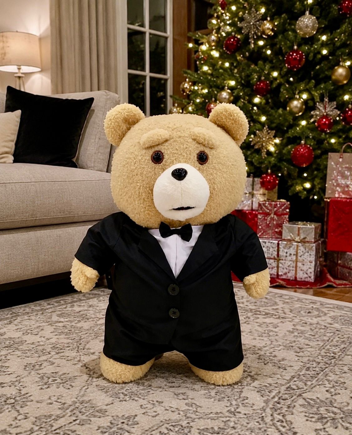 Oso ted, peluche con traje y mandil